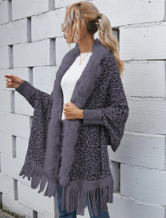 Leo Print Damen Cardigan Poncho Elele Grau