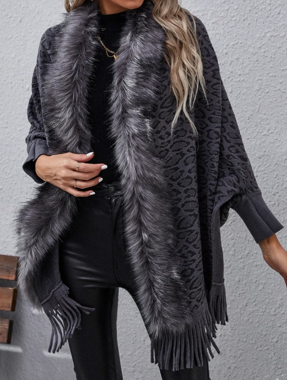 Leo Print Damen Cardigan Poncho Elele Schwarz