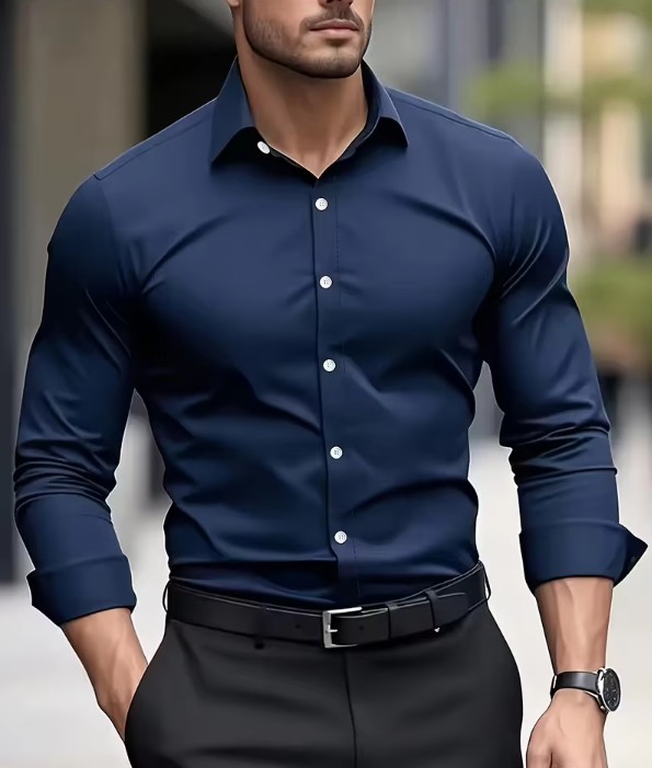 Marineblaues Herren-Langarmhemd – Elegantes Businesshemd für Herbst & Winter