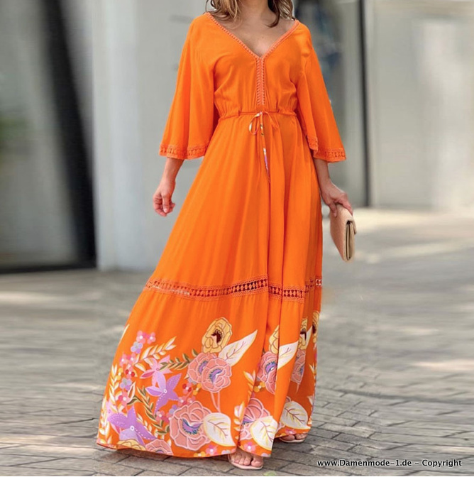 Maxi Boho Sommerkleid Lang in Orange mit Blumenmuster Dreiviertelärmel