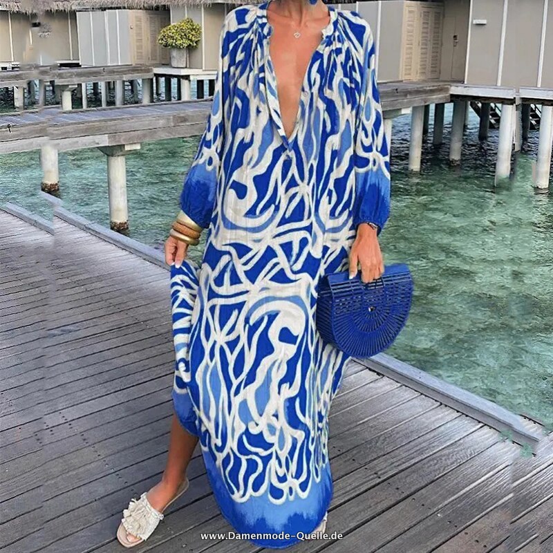 Maxi Vintage Boho Kleid V Ausschnitt Partykleid Blau 