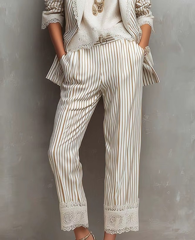 Modisches Damen-Zweiteiler-Set mit Streifenmuster – Kurzblazer & Hose mit geradem Bein
