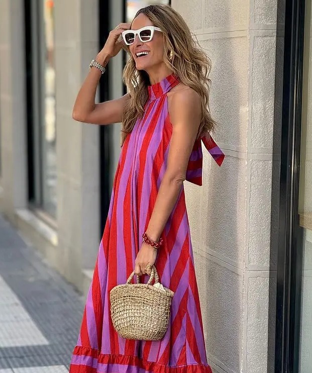 Neckholder Maxi Sommerkleid Rückenfrei Pink Gestreift
