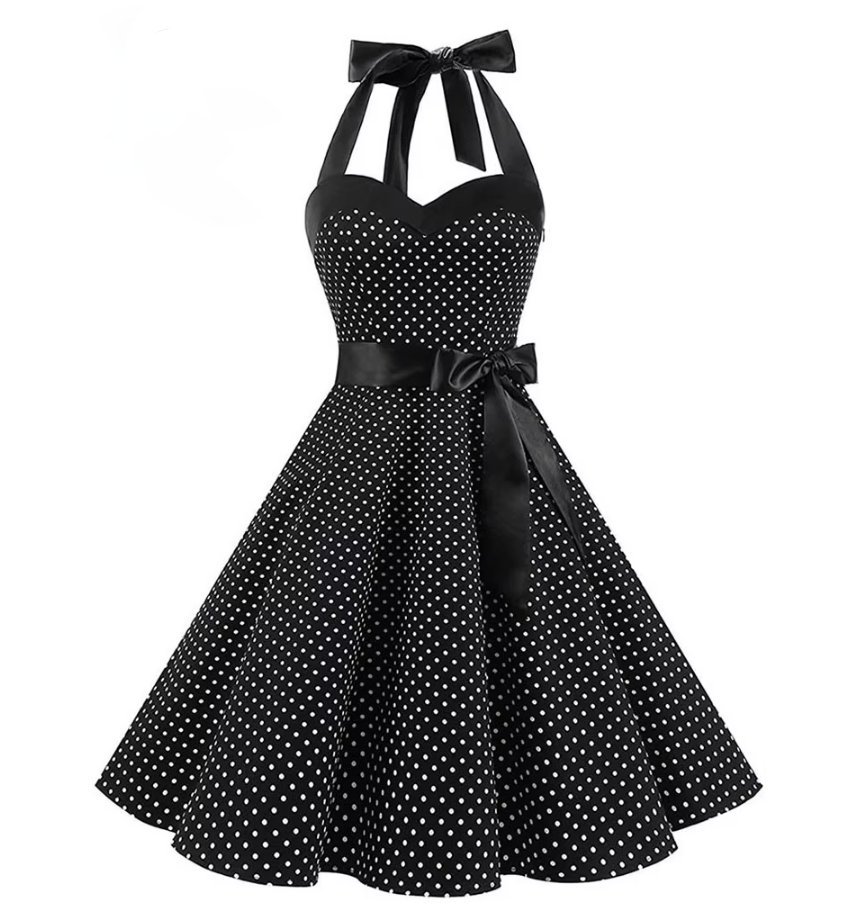 Neckholder Träger 50er Rockabilly Kleid Knielang Schwarz Gepunktet