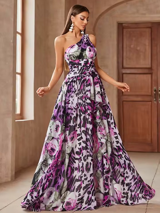 One Shoulder A-Linie Chiffon Kleid Eliane Elegant mit Blumenmuster