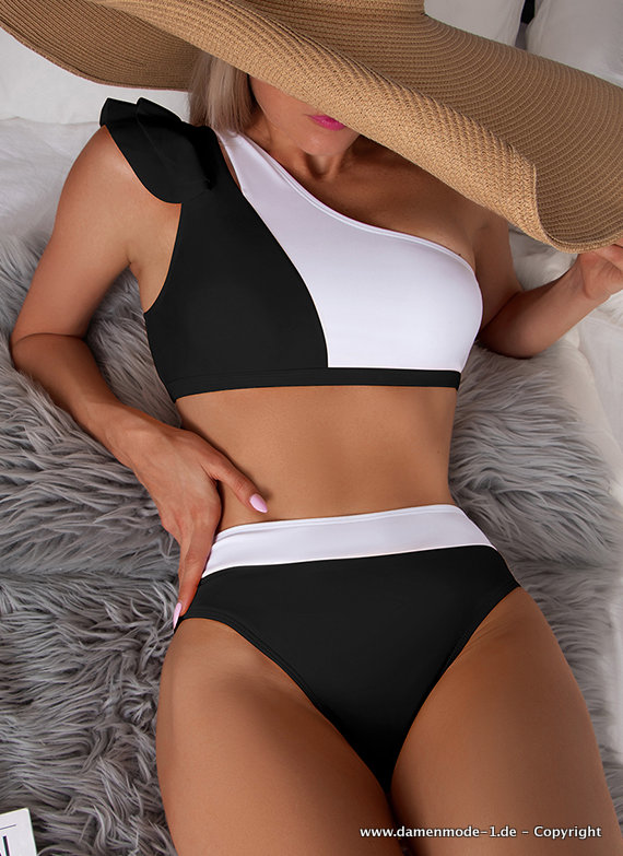 One Shoulder Bikini in Schwarz Weiß