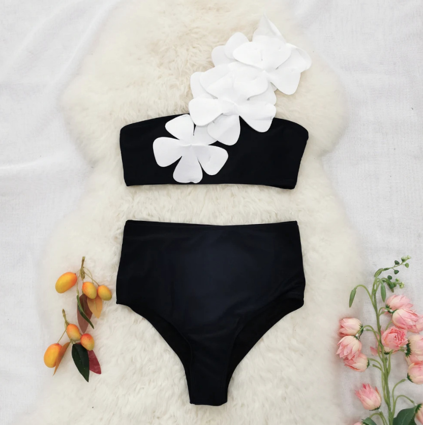 One Shoulder Träger Bikini 2024 mit Blumen Schwarz Weiß