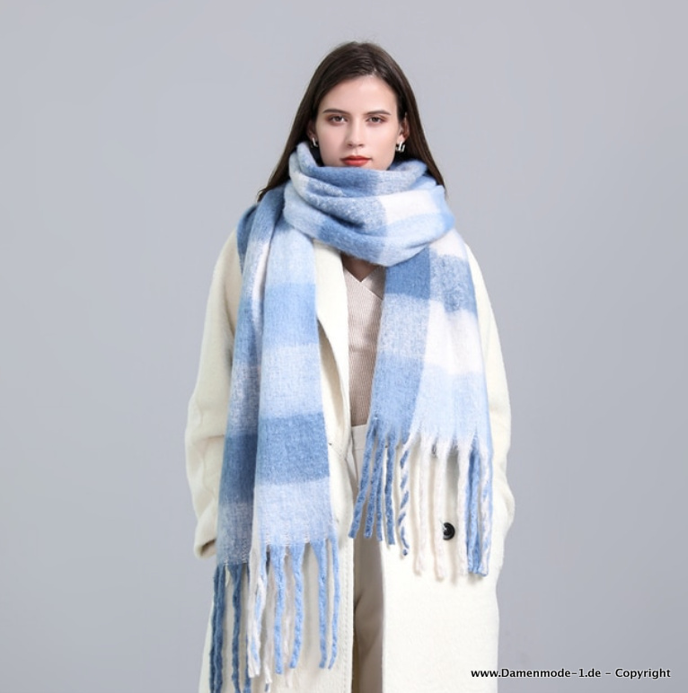 Oversize Kaschmir  Winter Schal für Damen Blau Weiß