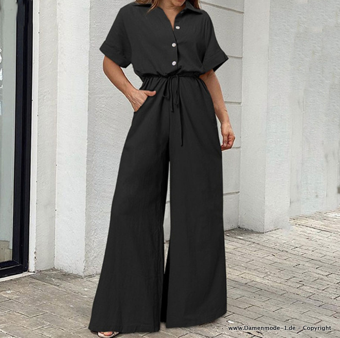 Oversize Sommer Kurzarm Jumpsuit Einteiler Overall Lang in Schwarz