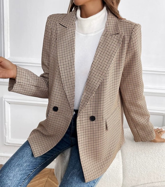 Patchwork Damen-Blazer mit Hahnentrittmuster – Langarm Retro Blazer mit Knopfdetails
