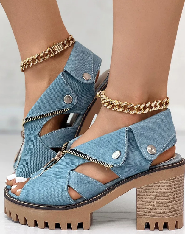 Peep Toe Chunky Jeans Sommer Schuhe für Damen in Hellblau mit Reißverschluss