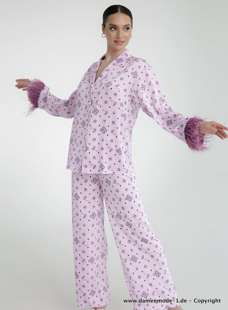 Print Schlafanzug Pyjama in Lila mit Federn Lang