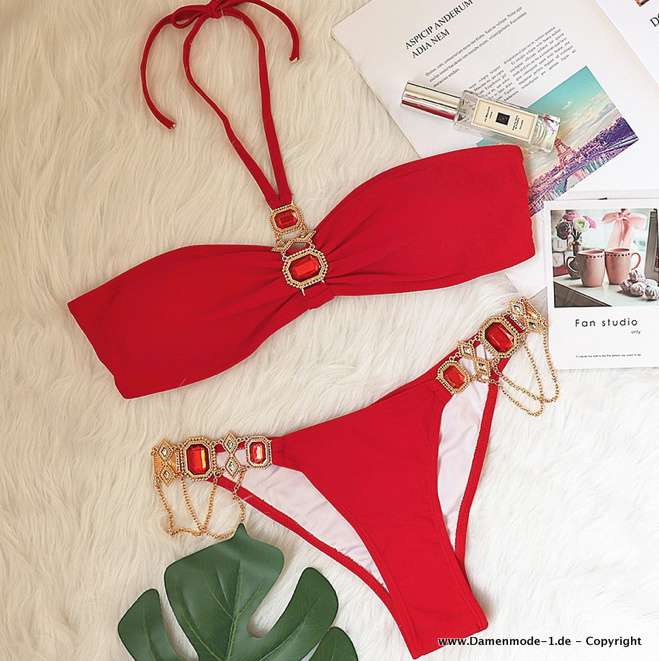 Push Up Bikini in Rot mit Strass Applikationen