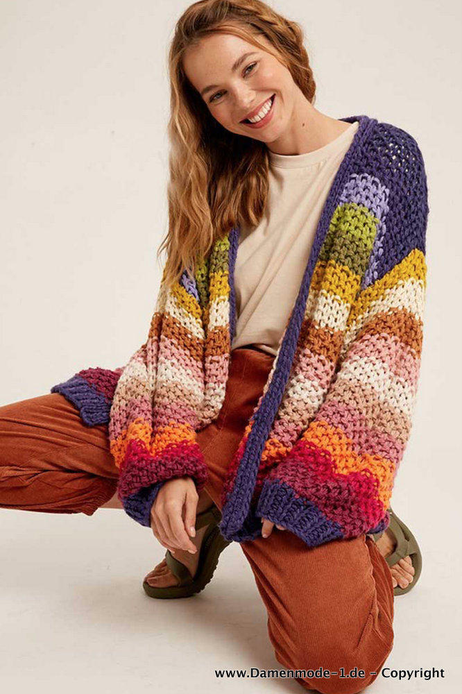 Regenbogen Cardigan Strickjacke Langarm Bunt