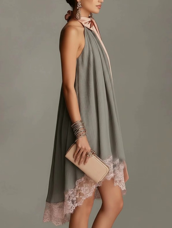 Rosa Satin Neckholder-Minikleid mit Schleife | Elegant Damen