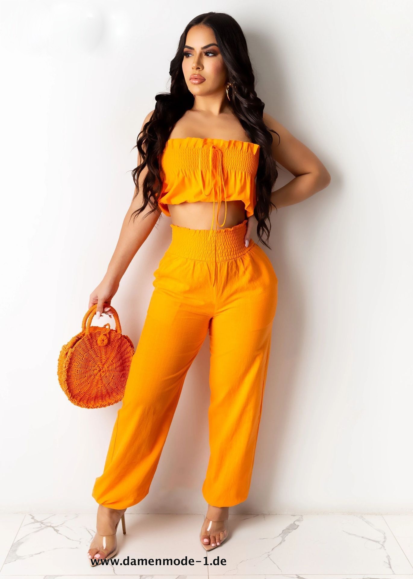 Schickes Crop Top + Hose im Set Freizeitanzug Outfit in Orange