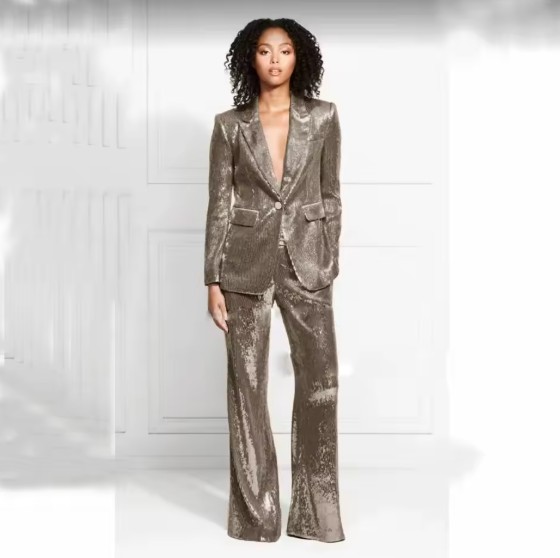 Schickes Pailletten Glitzer Hosenanzug Evina in Champagne