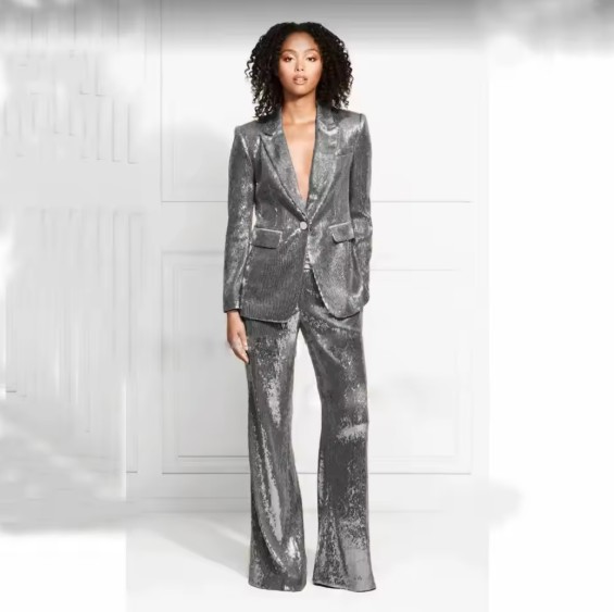 Schickes Pailletten Glitzer Hosenanzug Evina in Silber