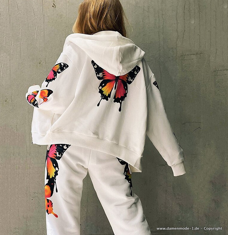 Schmetterling Print Freizeitanzug mit Zipper Hoodie in Weiß