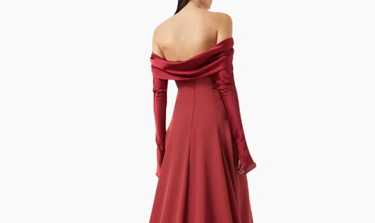 Schulterfreies A Linie Abendkleid Eleni Bodenlang in Dunkelrot