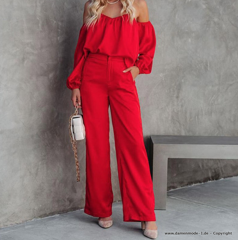 Schulterfreies Abendoutfit in Rot Bluse mit Hose im Set