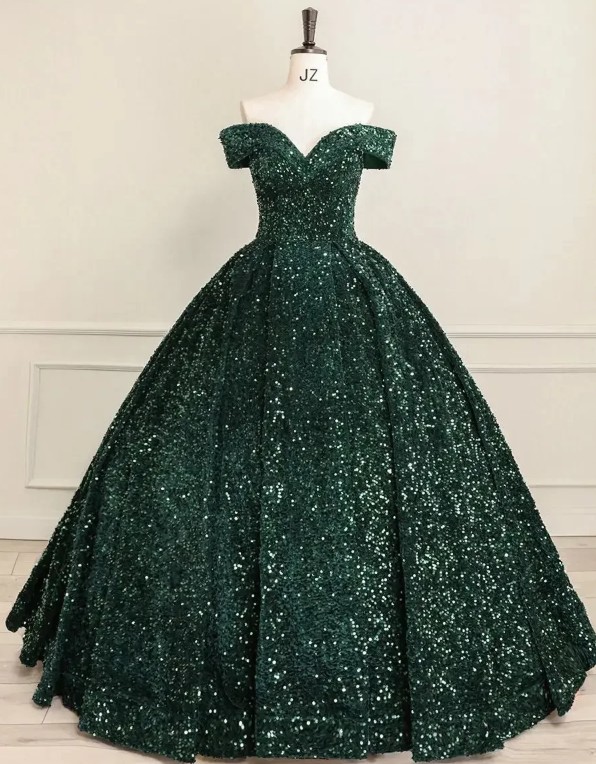 Schulterfreies Glitzer Ballkleid Eluana in Dunkelgrün