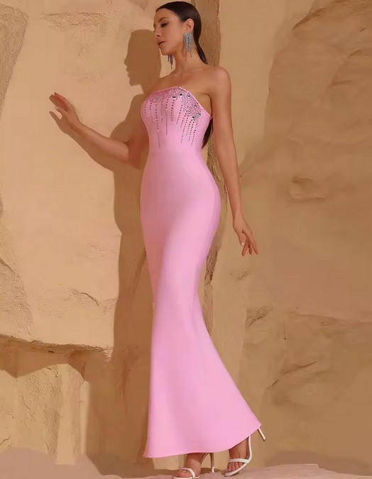 Schulterfreies Meerjungfrau Abendkleid in Rosa mit Strass 