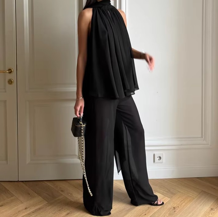 Schwarzer Halter-Neck Damen-Zweiteiler mit Schlüssellochausschnitt & weiter Hose