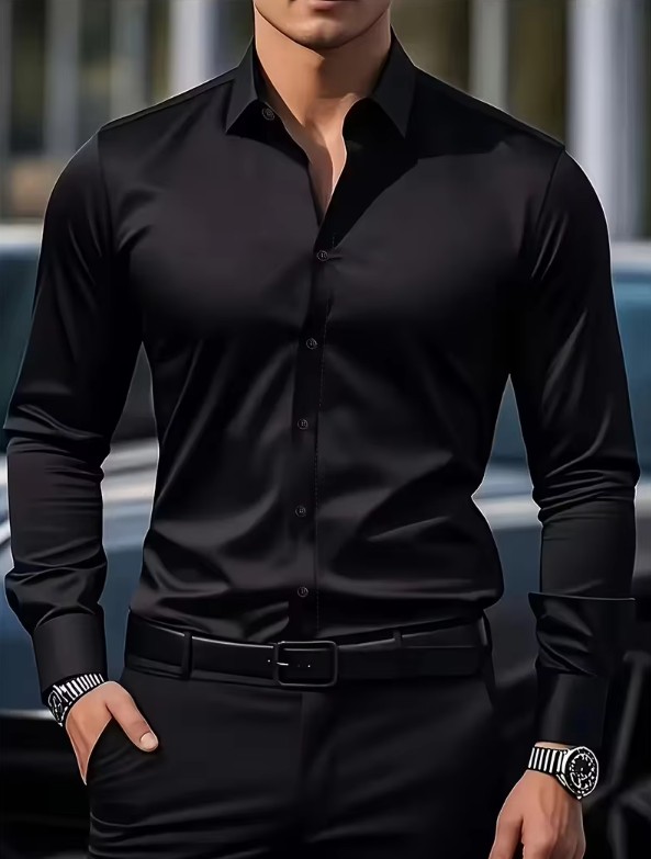 Schwarzes Herren-Langarmhemd – Elegantes Businesshemd für Herbst & Winter