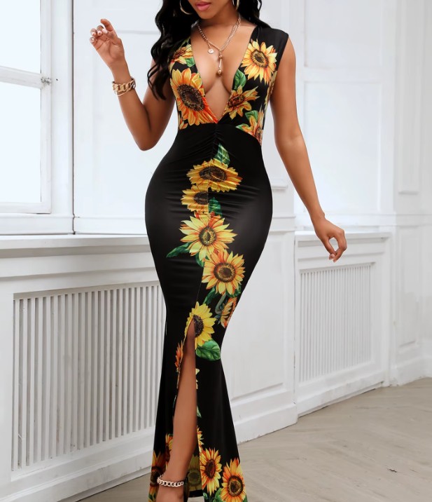Sexy Bodycon Bleistift Kleid Gamze Lang in Schwarz mit Sonnenblumen