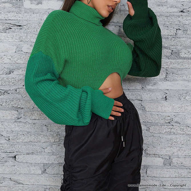Sexy Crop Damen Pullover in Grün mit Rollkragen