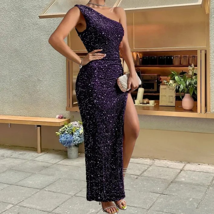 Sexy Cut Out Glitzer Kleid Evi Elegant Ärmellos in Dunkellila