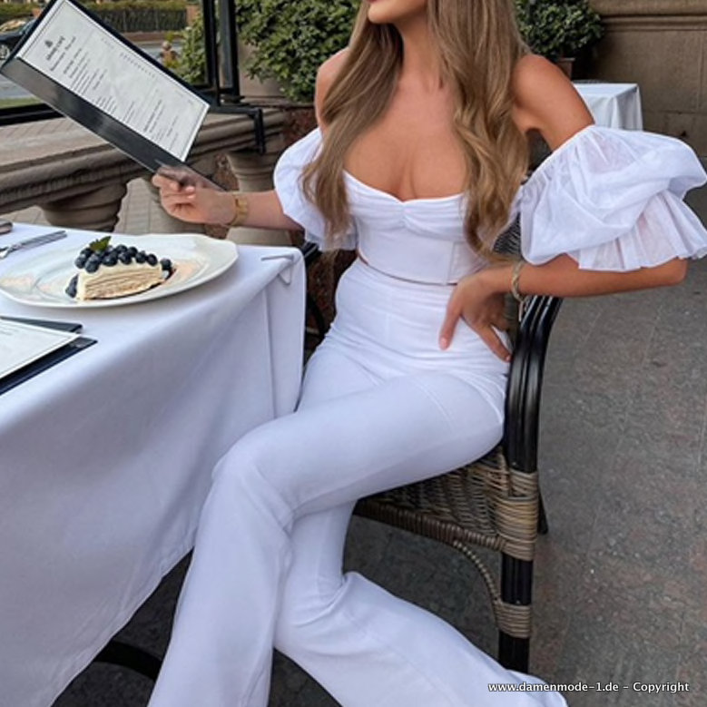 Sexy Damenoutfit Zweteiler Elegant in Weiß Top mit Hose im Set