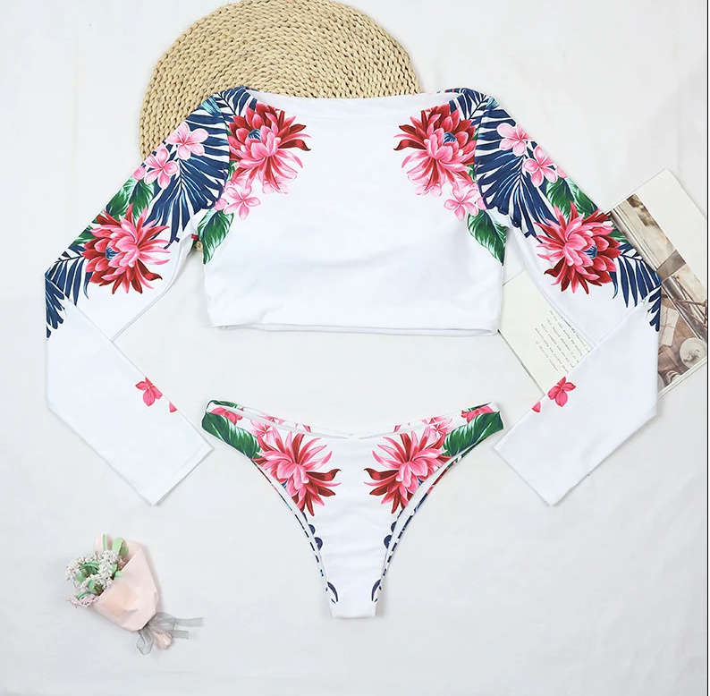 Sexy Langarm Bikini Caecilia in Weiß mit Blumenmuster