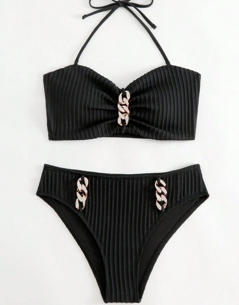 Sexy Strass Bikini mit Hohe Taille in Schwarz