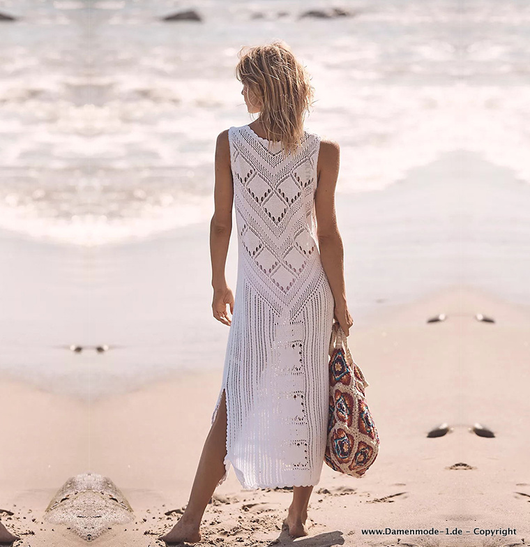 Sommer Boho Strandkleid in Weiß Gehäkelt