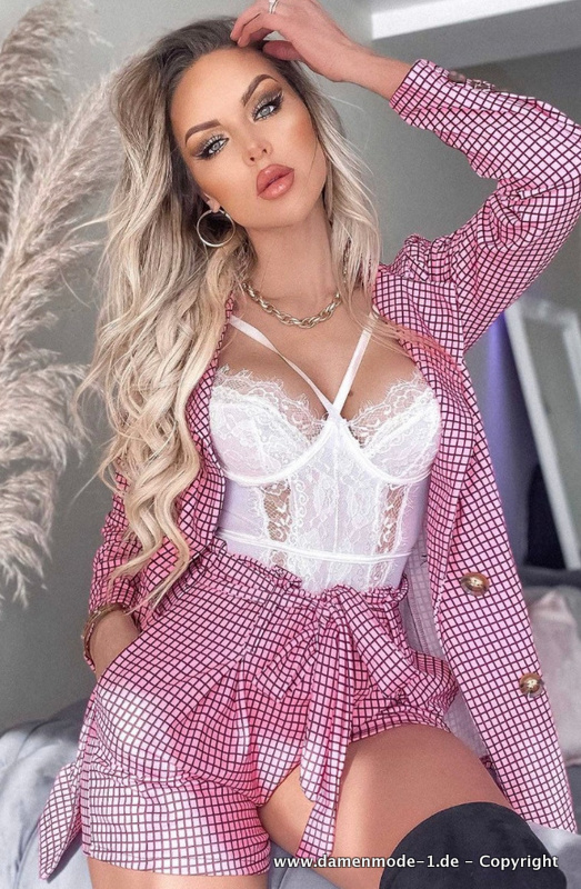 Sommer Business Hosenanzug in Rosa Kariert Kurz