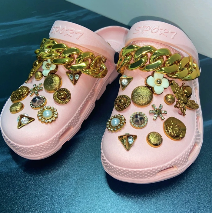 Sommer Outdoor Clogs mit Strass Schmuck in Rosa Gold