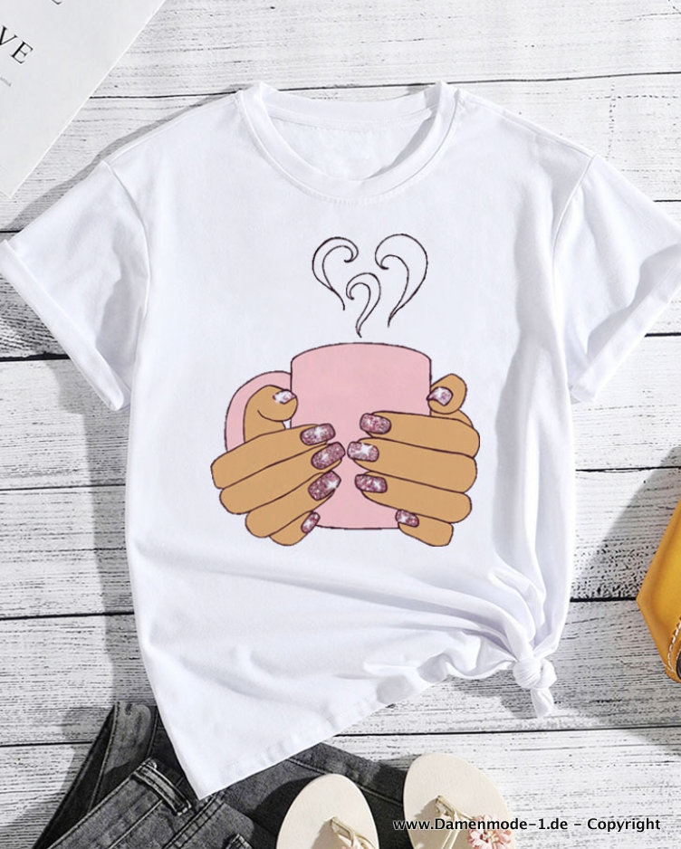 Sommer Shirt für Damen in Weiß mit Rosa Kaffeetasse