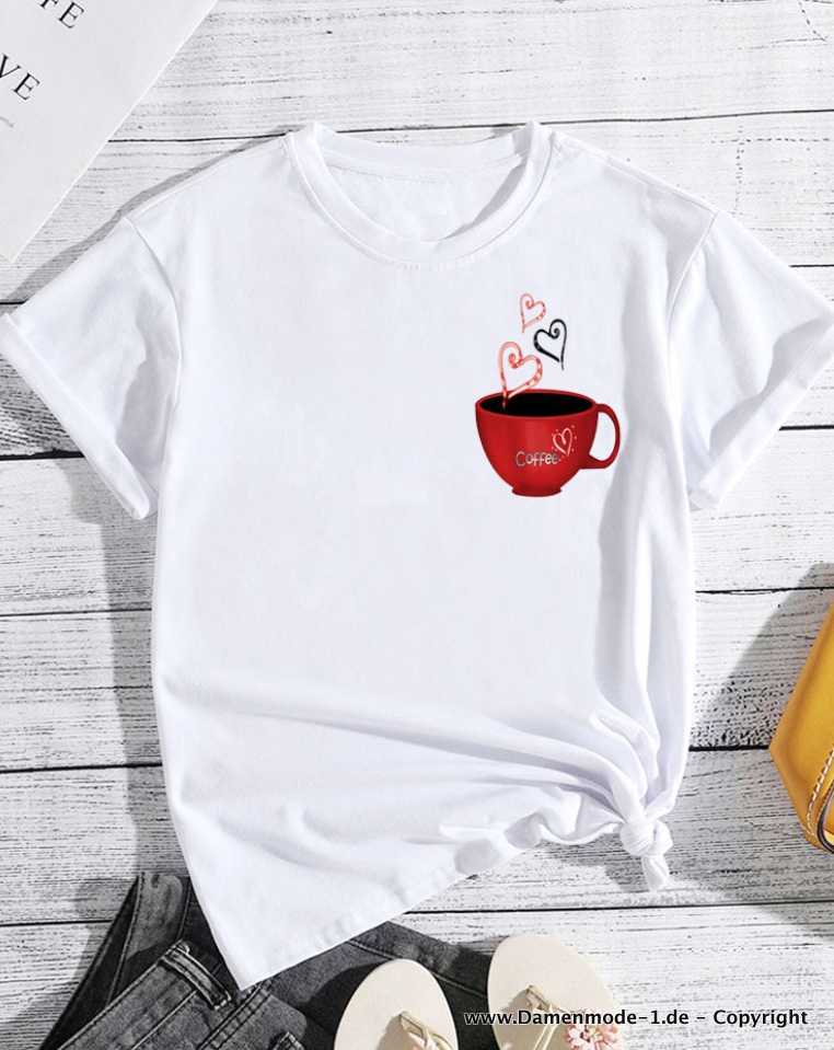 Sommer Shirt für Damen in Weiß mit Rote Kaffeetasse