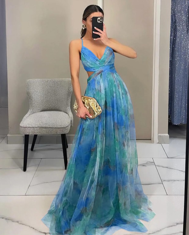 Spaghettiträger A Linie Chiffon Empire Kleid Ermelina Elegant in Hellblau