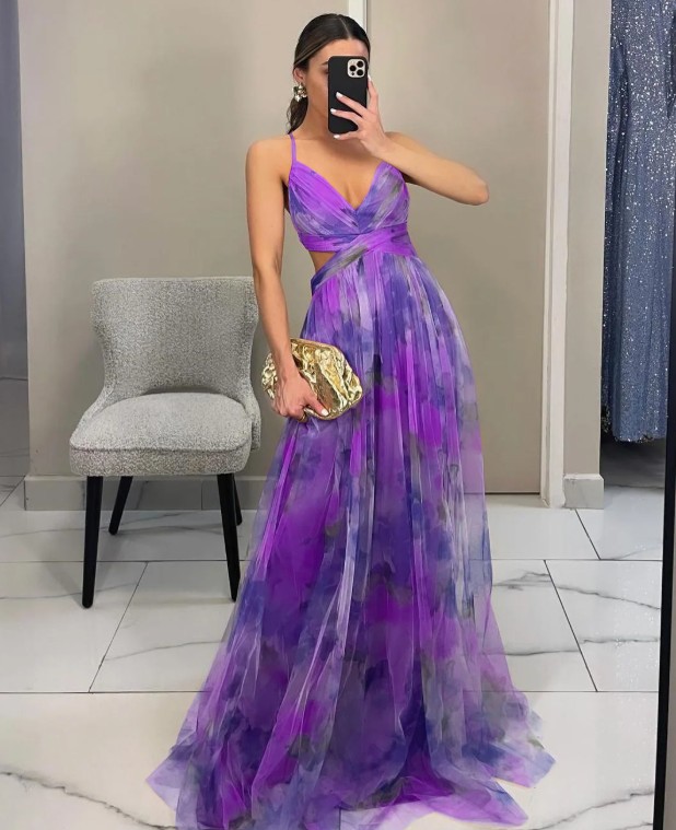 Spaghettiträger A Linie Chiffon Empire Kleid Ermelina Elegant in Lila