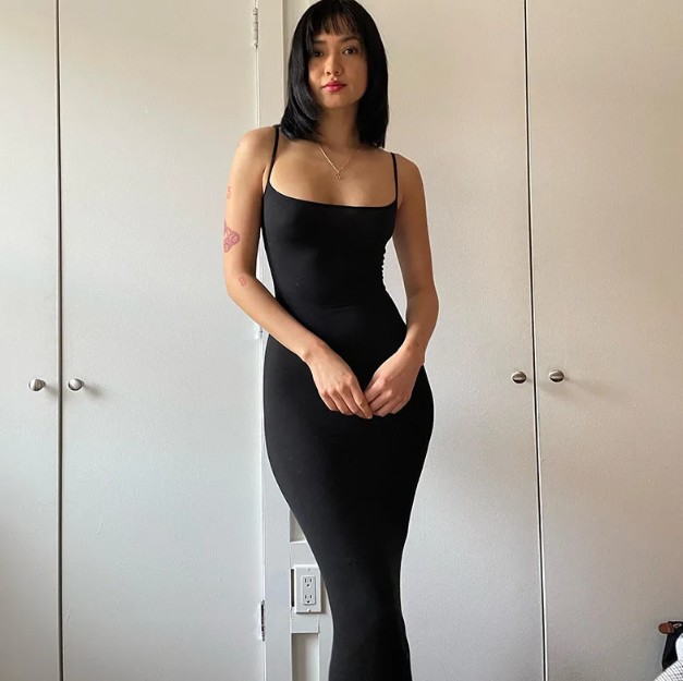 Spaghettiträger Bleistift Sommerkleid Lang in Schwarz