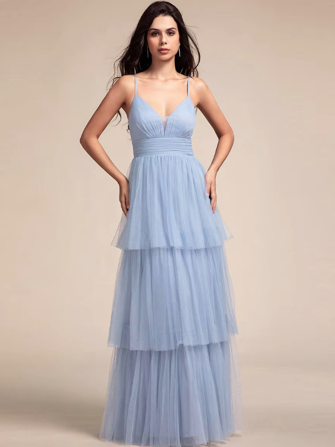 Spaghettiträger A Linie Tüll Maxi Kleid Elegant Lang in Hellblau