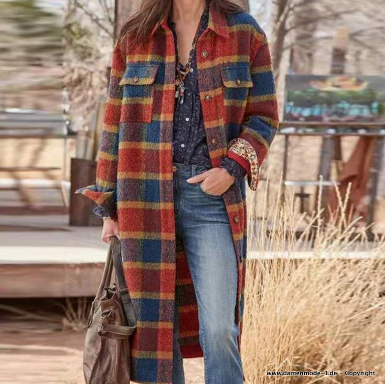 Streetwear Damen Wollmantel Lang Kariert