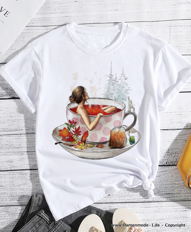 Teetasse Sommer Shirt für Damen in Weiß