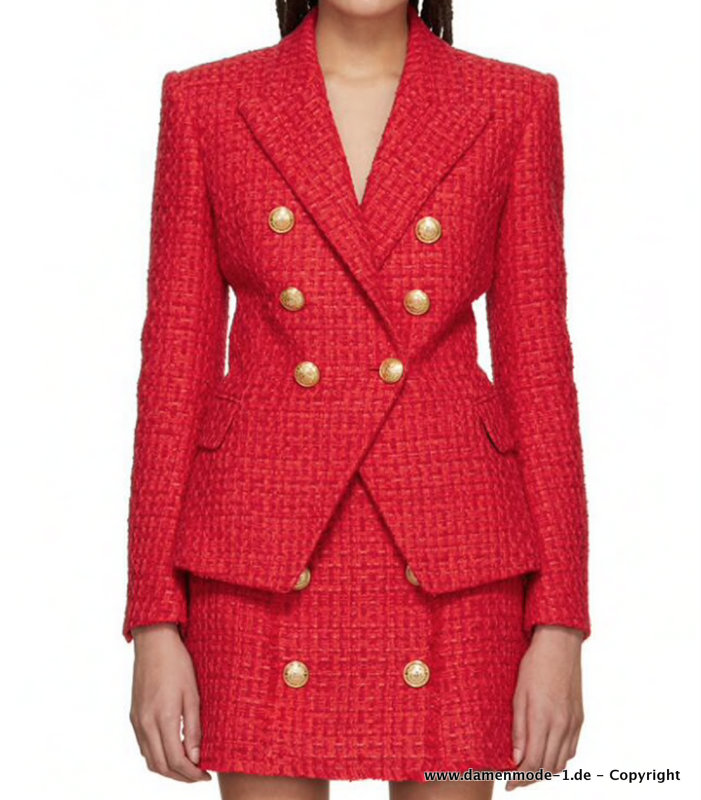 Tweed Damen Blazer Elegant in Rot mit Gold Knöpfe