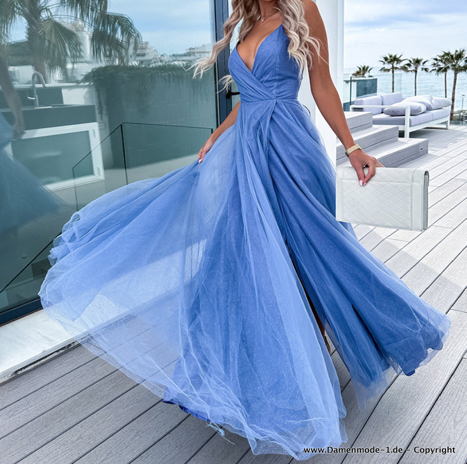 V Ausschnitt Cut Out Kleid Elegant Abendkleid in Blau