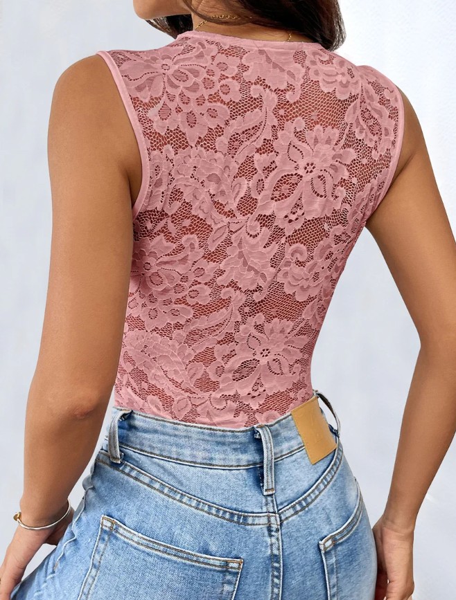 V Ausschnitt Damen Body Elegant aus Spitze in Rosa