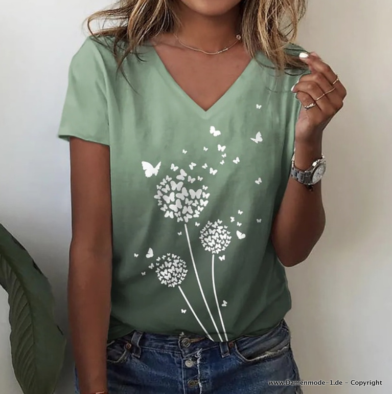 V Ausschnitt Sommer Shirt für Damen in Grün mit Pusteblume